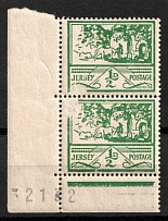 1943-44 0.5d Jersey, German Occupation, Germany, Pair (Mi. 3, Corner Margins, Plate Numbers, CV $30)