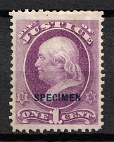 1875 1c Franklin, Special Printing 'Specimen' on Official Mail Stamp 'Justice', United States, USA (Scott O25S, Purple, Blue Overprint, CV $30)