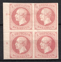 1859 1gr Hannover, German States, Germany, Block of Four (Mi. 14, Margin, Plate Numbers, CV $50)