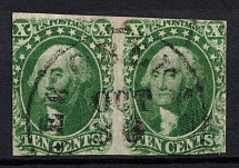 1855 10c Washington, United States, USA, Pair (Scott 15, Green, Type III, Canceled, CV $300)