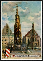 1939 Reich party rally of the NSDAP in Nuremberg. The Schoner Brunnen and Church of Our Lady on Adolf Hitler Platz
