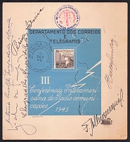 1945 Inter-American Radiocommunication Conference, Brazil, Cinderella, Non-postal Stamps, Souvenir Sheet with Autographs (Canceled)