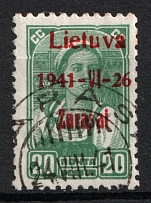 1941 20k Occupation of Lithuania Zarasai, Germany (Type III, Red Overprint, Signed, Canceled, CV $100)