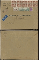 France - 1937, Port du Gard, 20fr orange brown, type III (Yvert type IIB) in block of ten (5x2) used together with four other values (3 with perfins) on air mail cover from Paris to Tonkin (Hanoi), postmarked on arrival, some …