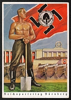 1938 Reich party rally of the NSDAP in Nuremberg. Barechested Labor Corps man with flag on the Zeppelin Field RARE card