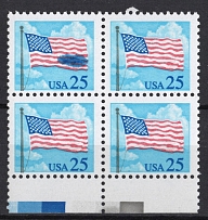 1987-88 25c USA, United Way, Block of Four (Sc. 2278, Blue Spot on Flag, Print Error, Margin, MNH)