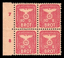 '10 g Bread' Bread Stamp for Members of the Wehrmacht, Swastika, Revenue, Third Reich, Nazi Germany, Block of Four (Margin, Plate Numbers)