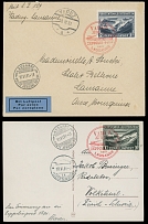 Liechtenstein - Zeppelin Flights - 1931 (June 10), Vaduz - Lausanne Flight postcard and cover, franked by Zeppelin stamps of 1fr dark olive green and 2fr blue black