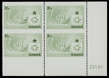 British Commonwealth - Ghana - 1957, Viking Ship and Angel Fish, 2½p emerald green, bottom right corner sheet margin plate No.23181 block of four, imperforate horizontally, full OG, NH, VF and rare, SG #182a var, £1,000 for two …