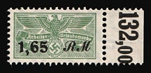 1.65rm Worker Holiday Stamp, Deutsches Reich, Swastika, Nazi Germany Revenue (Plate Number)