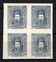 1920 20Г Ukrainian Peoples Republic, Ukraine (IMPERFORATED, Grey Blue, CV $40, Block of Four, MNH)