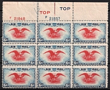 1938 6c Air Post Stamps, United States, USA, Block of Nine (Scott C23, Full Set, Sheet Inscriptions, Margin, MNH)