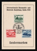 1939 (17 Feb) International Exhibition of Cars and Motorcycles in Berlin, Third Reich, Germany, Swastika, Souvenir Sheet (Mi. 686 - 688, Full Set, Commemorative Cancelation)