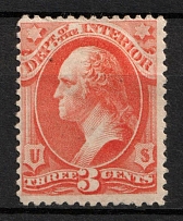 1873 3c Washington, Official Mail Stamp 'Interior', United States, USA (Scott O17, Vermilion, Signed, CV $80)