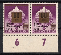 1945 60pf on 6pf Strausberg (Berlin), Germany Local Post, Pair (Mi. 25, Unofficial Issue, Margin, Plate Numbers)