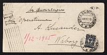 1915 (24 Nov) Censored cover sent from Urga (Mongolia) to Wiborg (Russian Finland) franked with 10k tied by Urga Type 7 datestamp, rare censor black handstamp